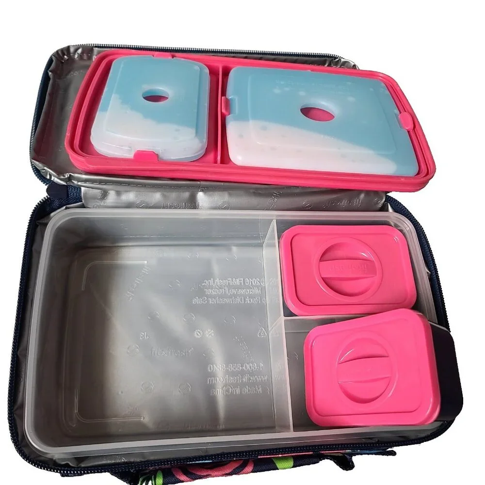 Fit & Fresh Bento Lunch Set 9 Pc Floral w 2 Ice Packs Insulated Zip Bag NEW